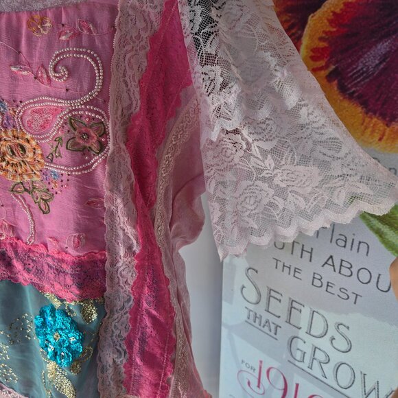 Pink & Aqua Romantic Blouse - Size Large - Picture 3 of 6